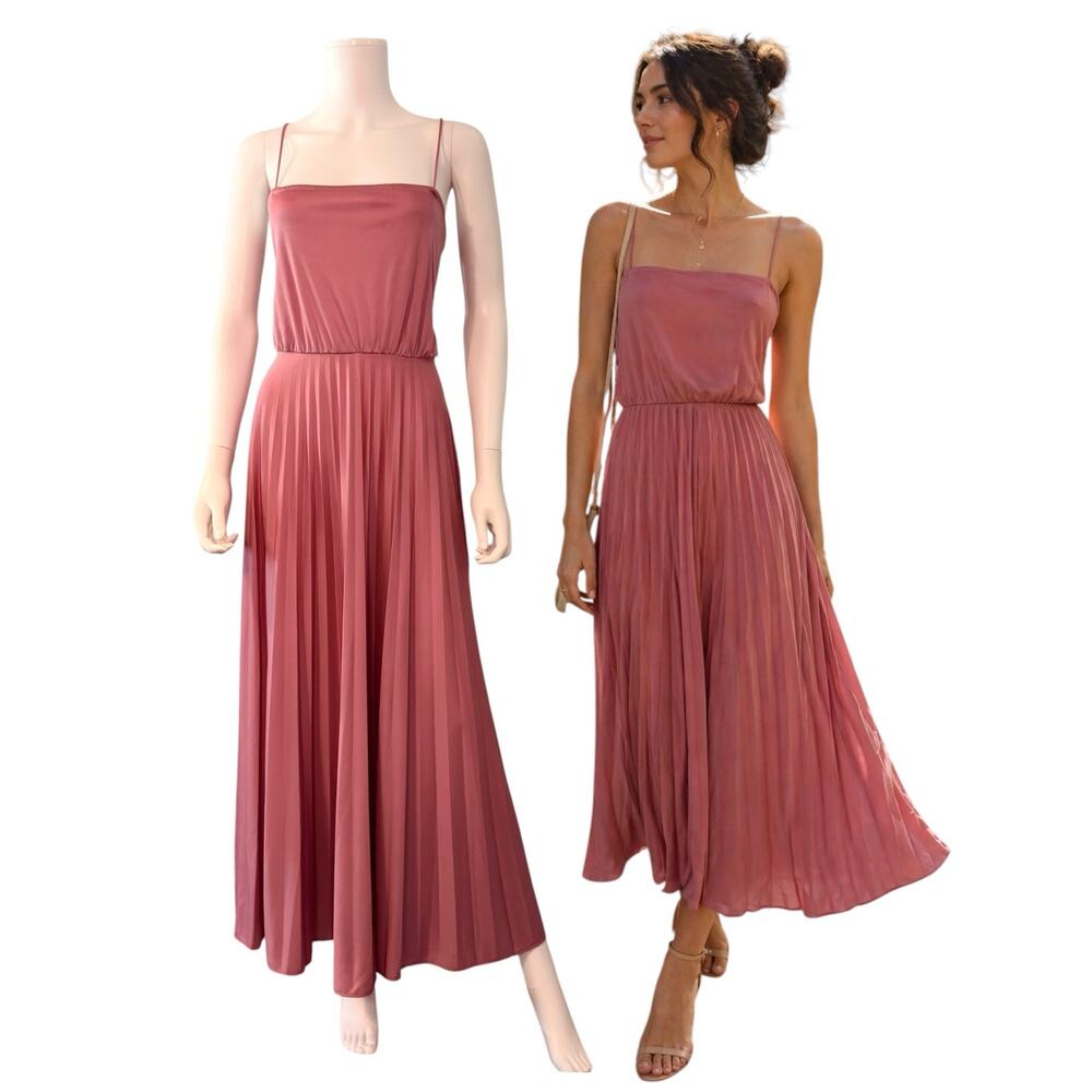 Vtg 80s Mauve Pink Pleated Midi Dress Spaghetti Strap Romantic Grecian Size 6